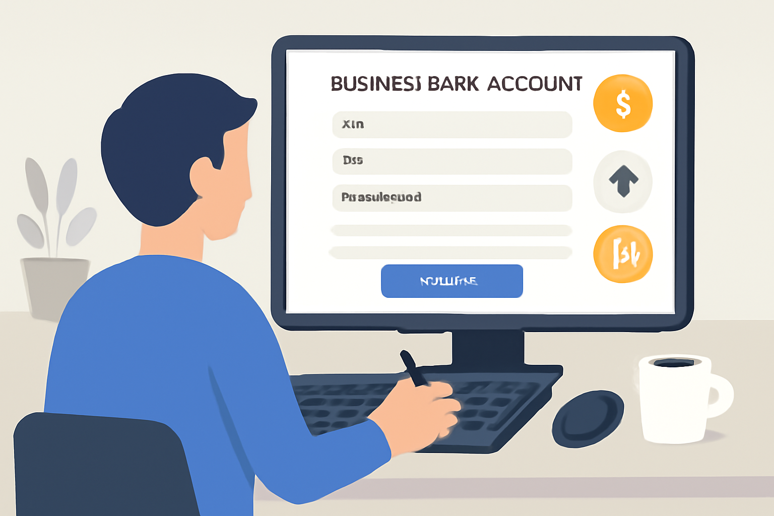 A person filling out an online business bank account application on a computer, with digital forms and crypto icons visible, modern workspace.