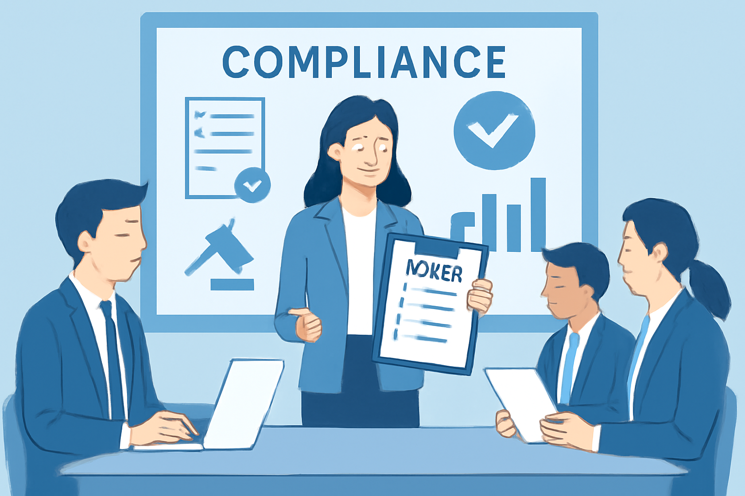 A business team reviewing compliance documents and policies, with charts and legal icons on a digital screen, professional environment.