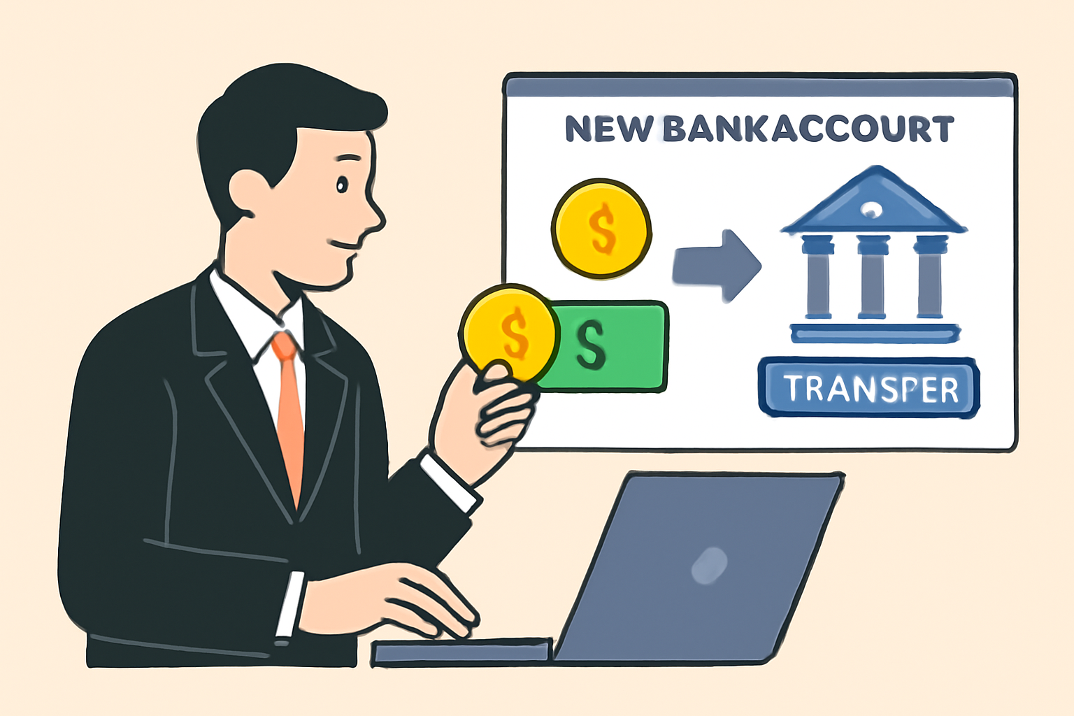 A business owner transferring funds into a new bank account, with both crypto coins and cash symbols, digital banking interface on screen.