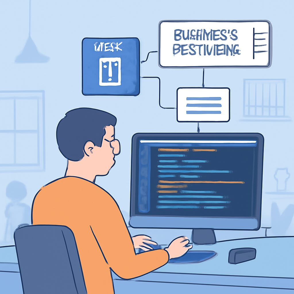 A developer integrating bank APIs into business software, with code on screen and flowcharts showing connections, tech office setting.