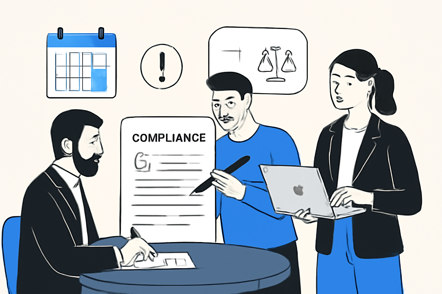 A business team updating compliance documents, with a calendar, notification icons, and regulatory symbols, collaborative workspace.