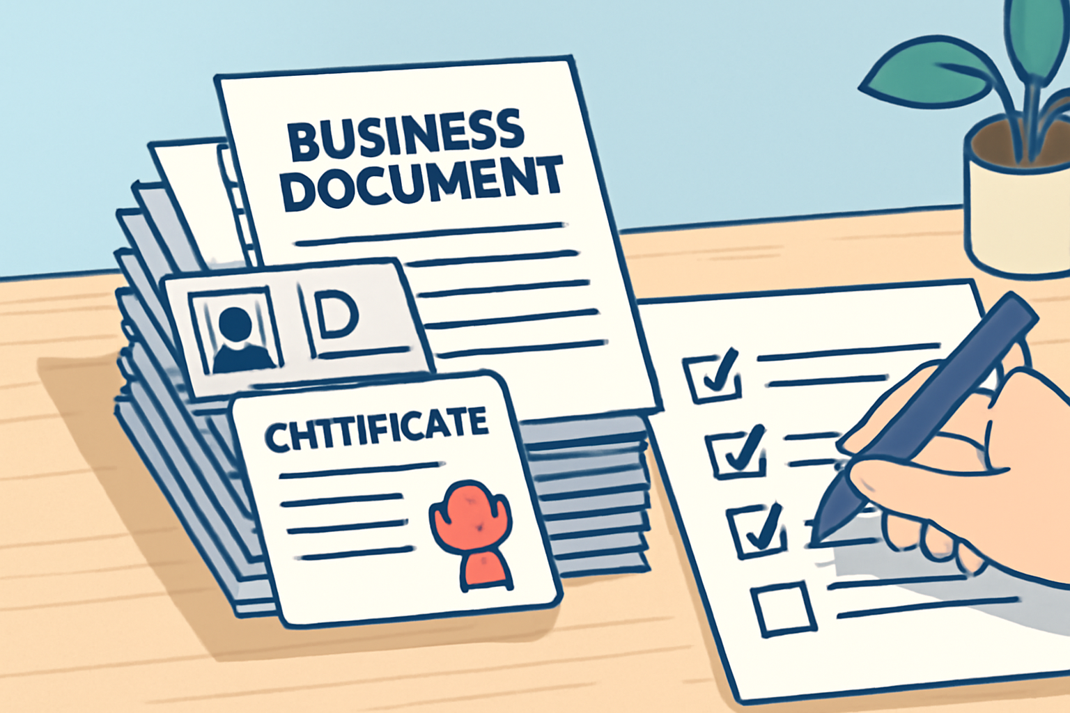 A neat stack of official business documents, IDs, and certificates on a desk, with a checklist being ticked off, bright and organized workspace.