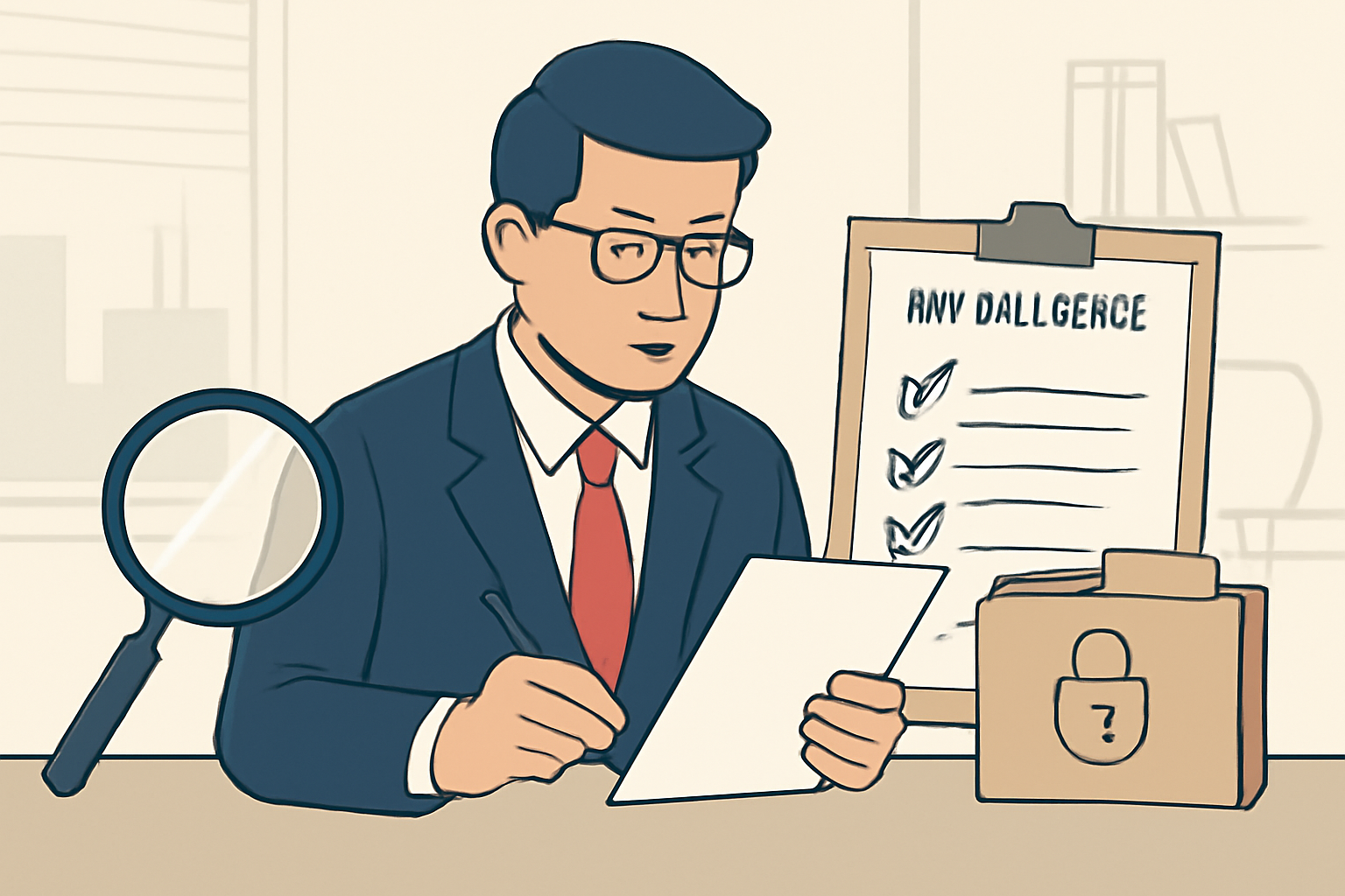 A banker reviewing documents and checking off a due diligence list, with a magnifying glass and secure files, office background.