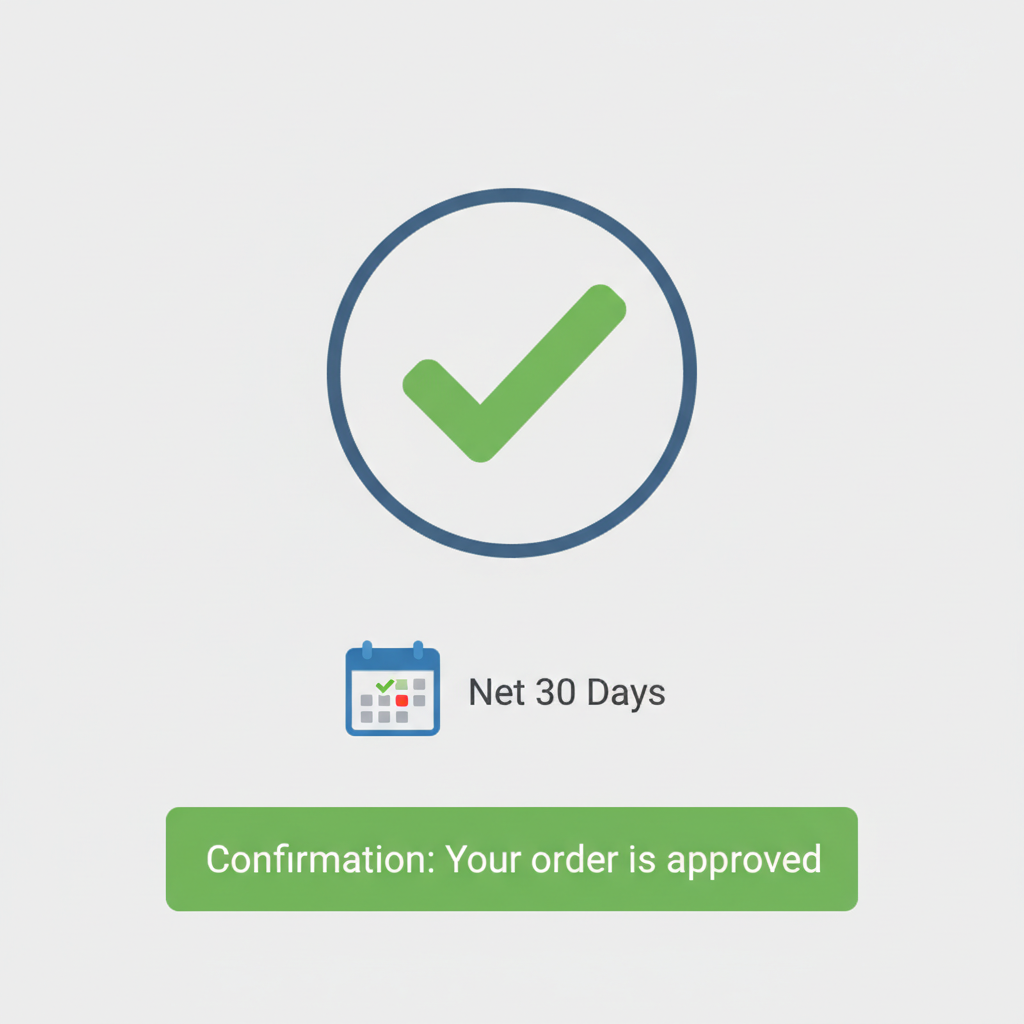 Buyer approval screen with checkmark, calendar showing net 30 days, green confirmation