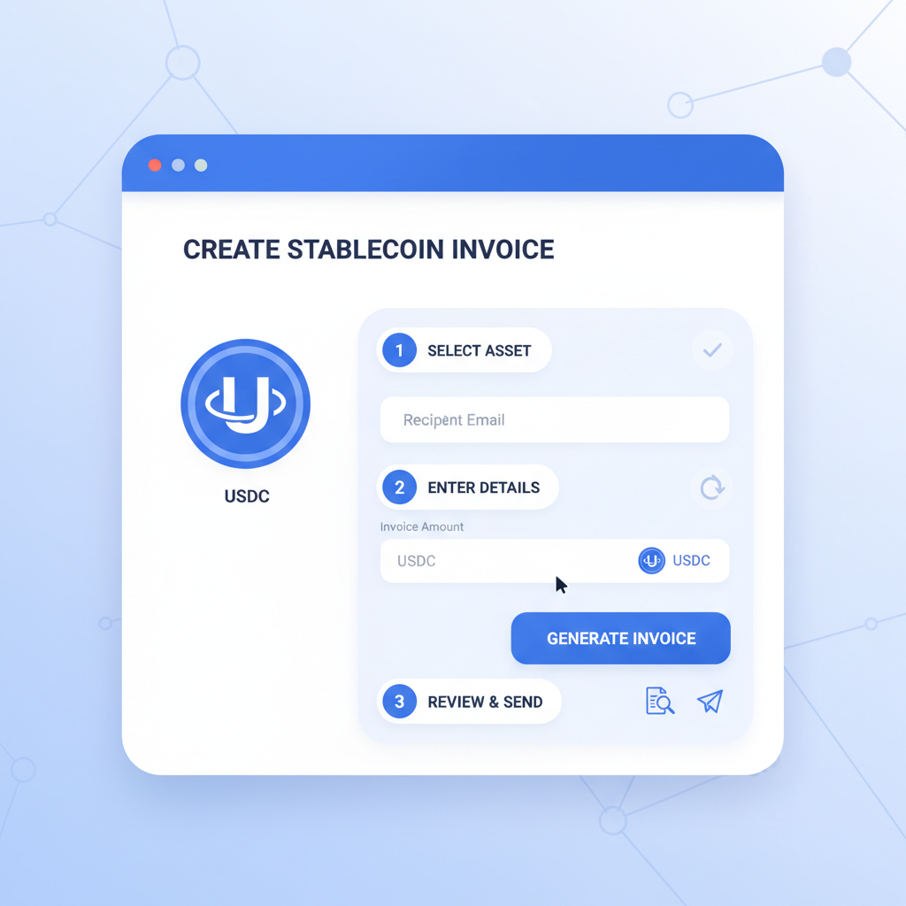 Modern dashboard creating stablecoin invoice, clean UI, USDC icons, professional blue tones