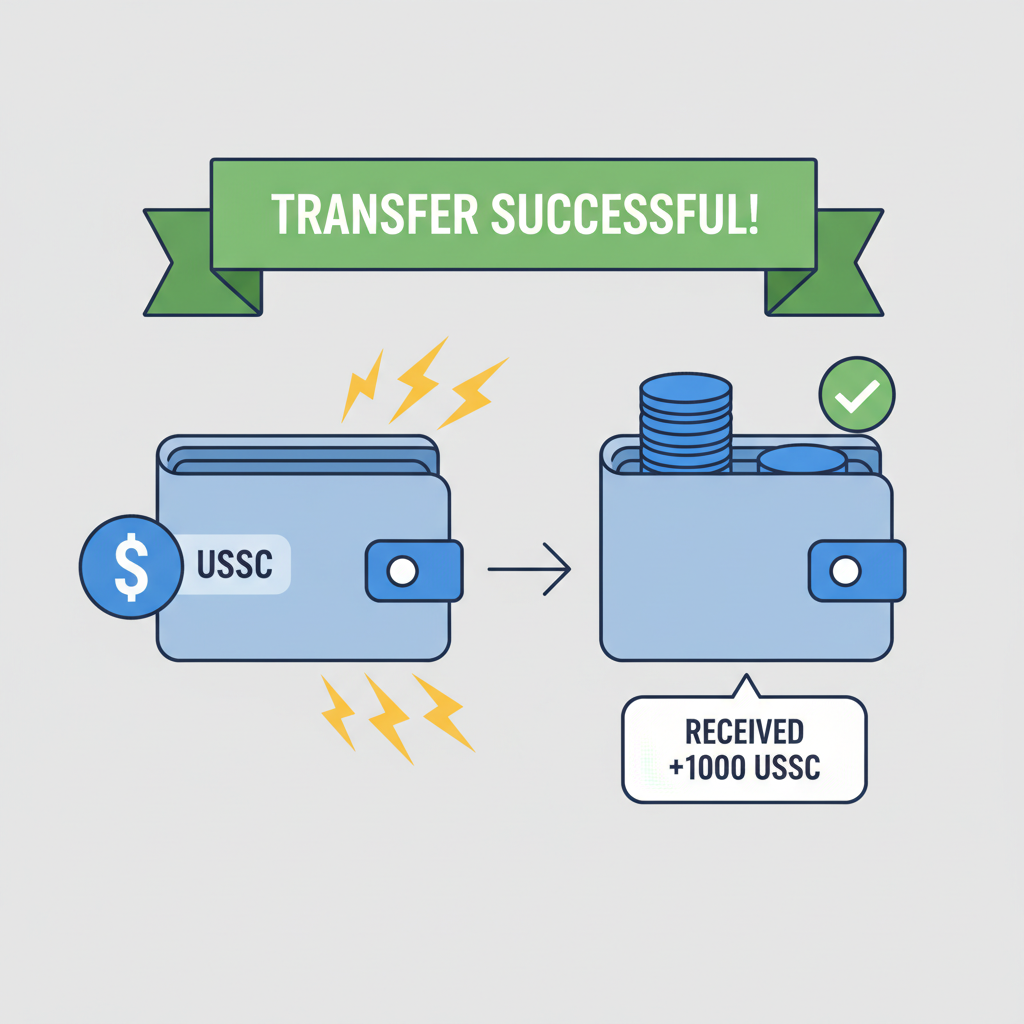 Lightning-fast USDC transfer animation, wallet receiving funds, success notification