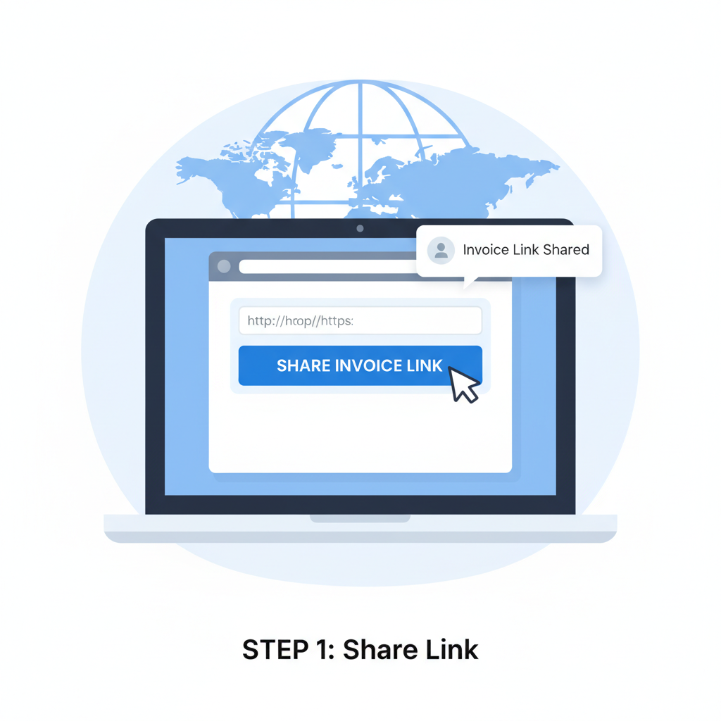 Sharing invoice link on laptop, globe in background, email notification popping up