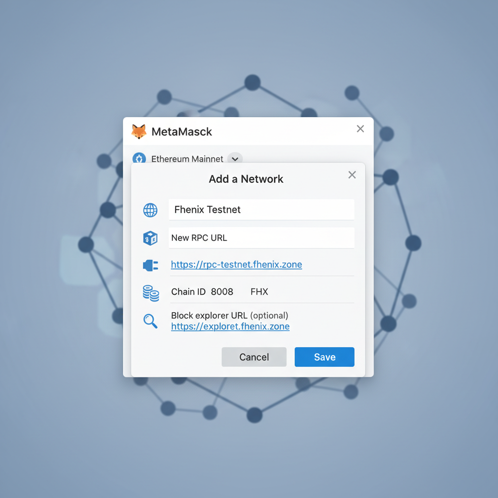MetaMask wallet adding Fhenix testnet network, clean UI screenshot style, blockchain icons