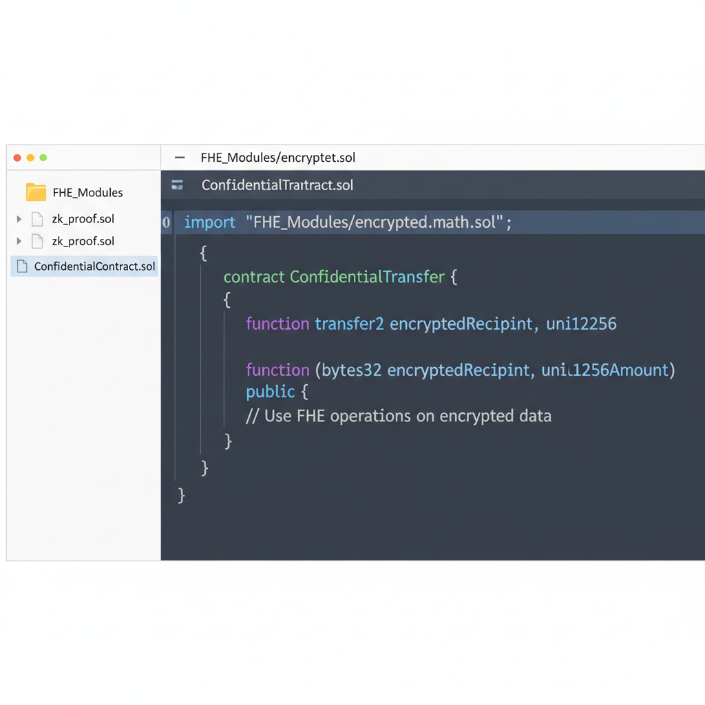 Remix Solidity editor with FHE import and confidential contract code, syntax highlighted