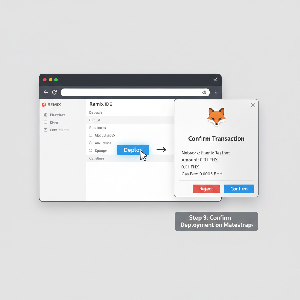 Remix deploy button clicked, MetaMask popup confirmation, Fhenix testnet transaction