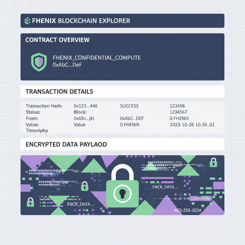 Blockchain explorer showing deployed Fhenix contract, transaction details, encrypted data theme
