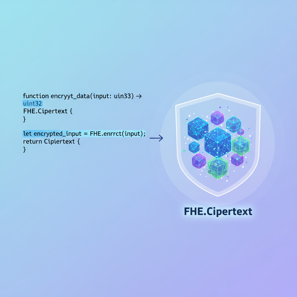 Code showing FHEVM encryption of uint32 input, glowing encrypted data visualization