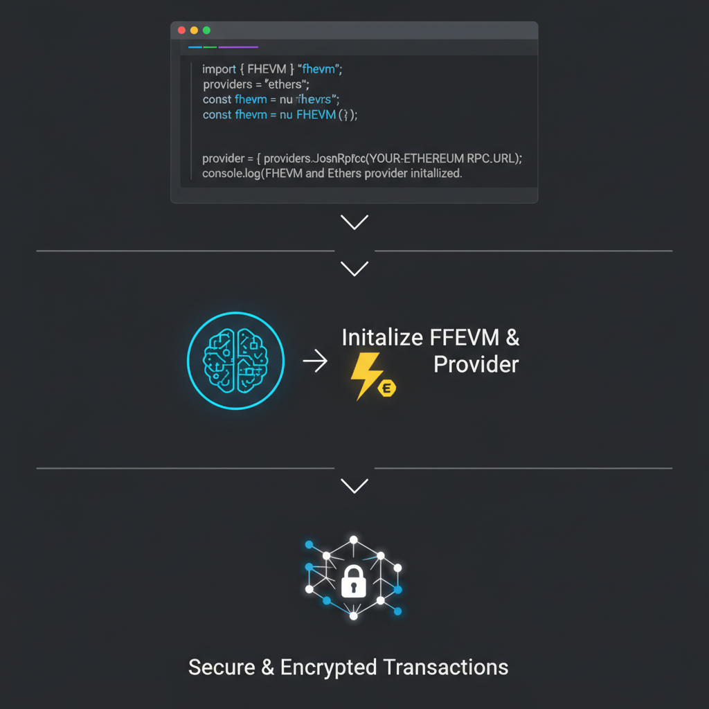 JavaScript code snippet initializing FHEVM and ethers provider, dark mode editor