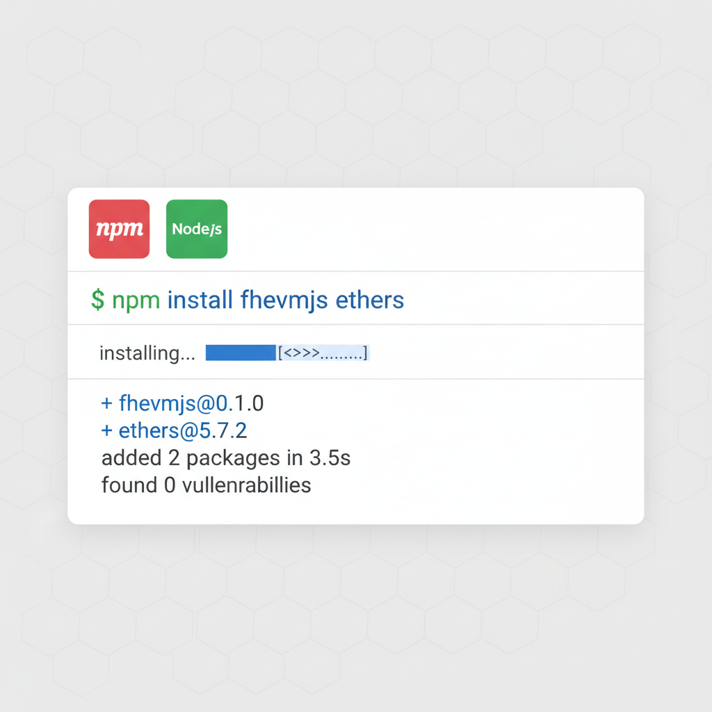 Node.js terminal installing npm packages fhevmjs and ethers, clean code interface