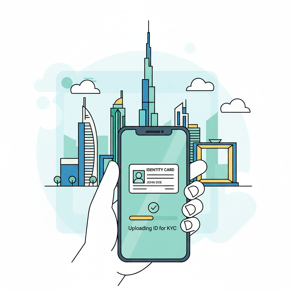 simple illustration of person uploading ID on mobile app for KYC, Dubai skyline background, clean modern style
