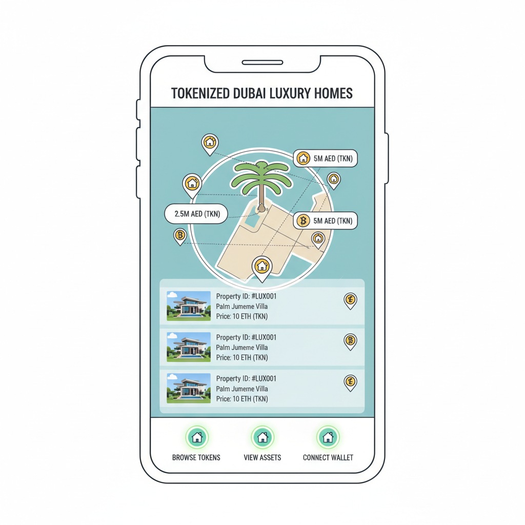 screenshot style of app browsing luxury Dubai properties, tokenized icons, map view