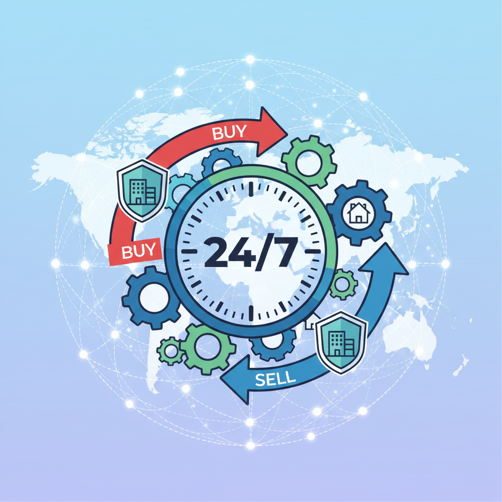24/7 clock with trading arrows exchanging property tokens, global network lines, dynamic
