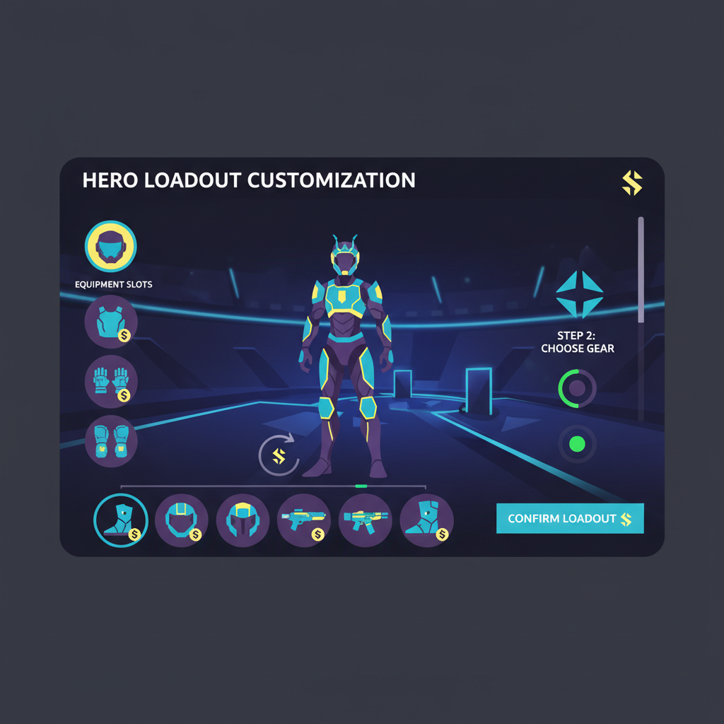 customizing hero loadout screen in futuristic game, arena map background, gear icons swapping, Solana blockchain theme