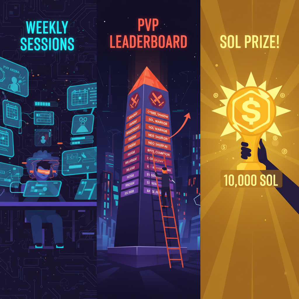 player grinding weekly sessions calendar, PVP leaderboard climb, SOL prize trophy glowing, high-energy cyberpunk montage