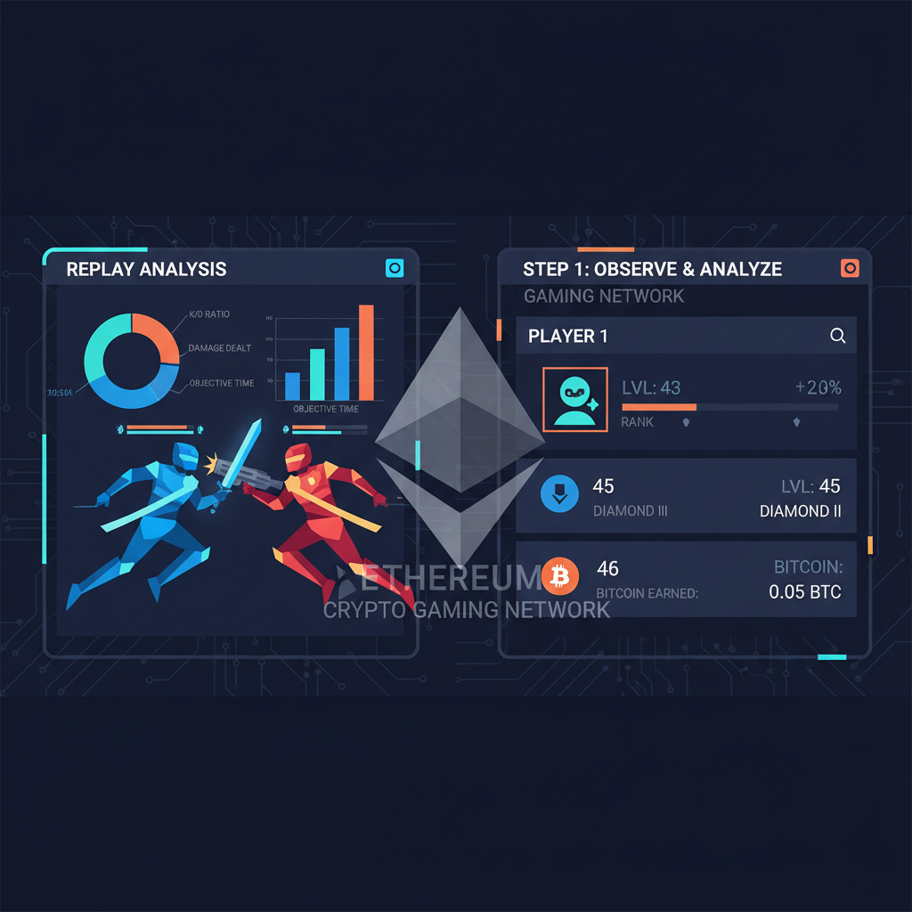 intense ranked PVP match replay analysis, split-screen HUD with stats, futuristic fighters clashing, crypto gaming aesthetic