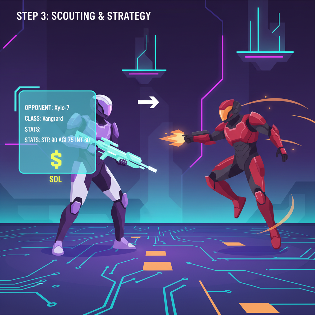 sci-fi PVP arena warm-up battle, holographic HUD scouting opponent stats, neon Solana crypto vibes, dynamic action screenshot