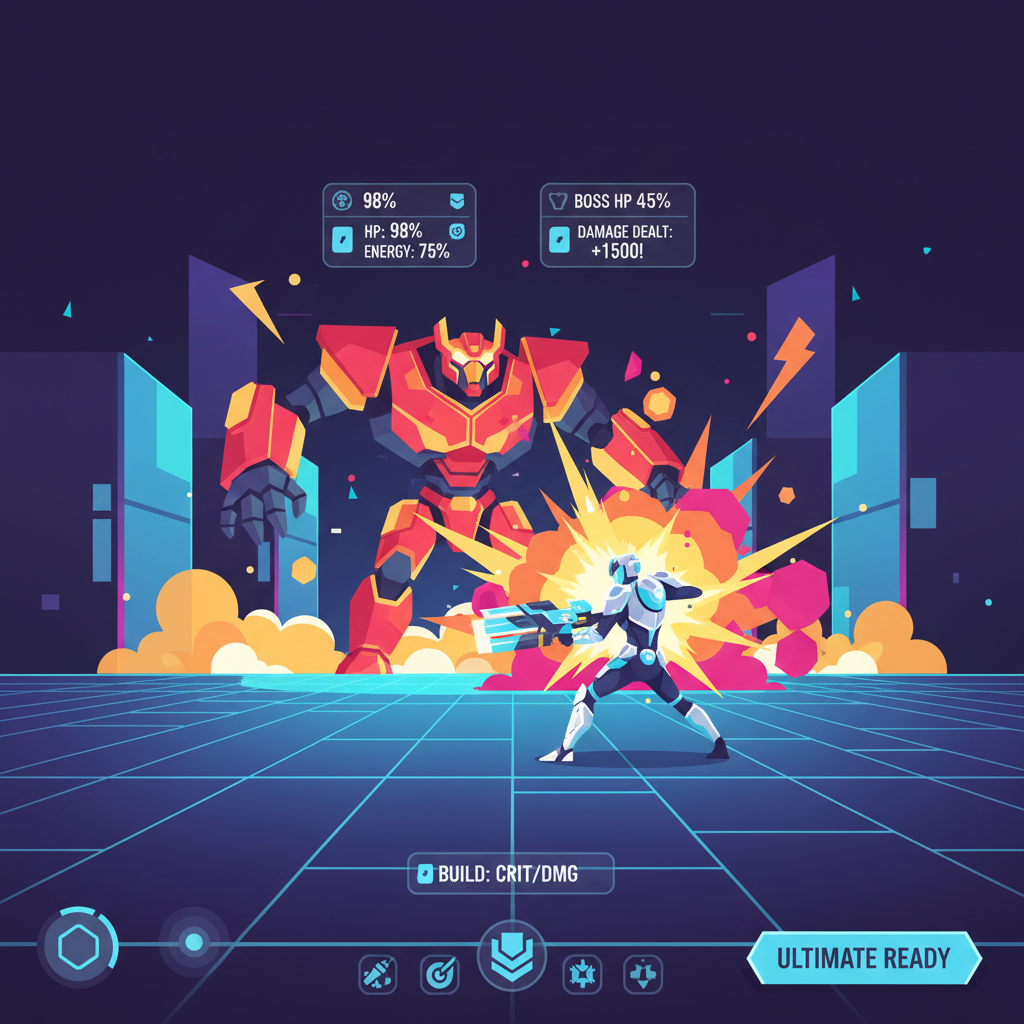 PvE boss fight in neon cyber arena, player testing hero build, explosions and stats overlay, Solana game art style