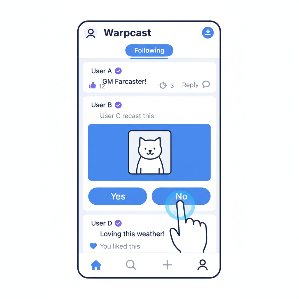 screenshot of Farcaster Warpcast feed with active user posting casts, recasts, likes, and Frame interactions