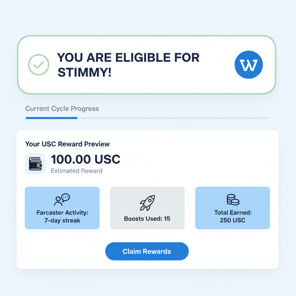 screenshot of Warpcast Rewards dashboard highlighting Stimmy eligibility status and USDC reward preview