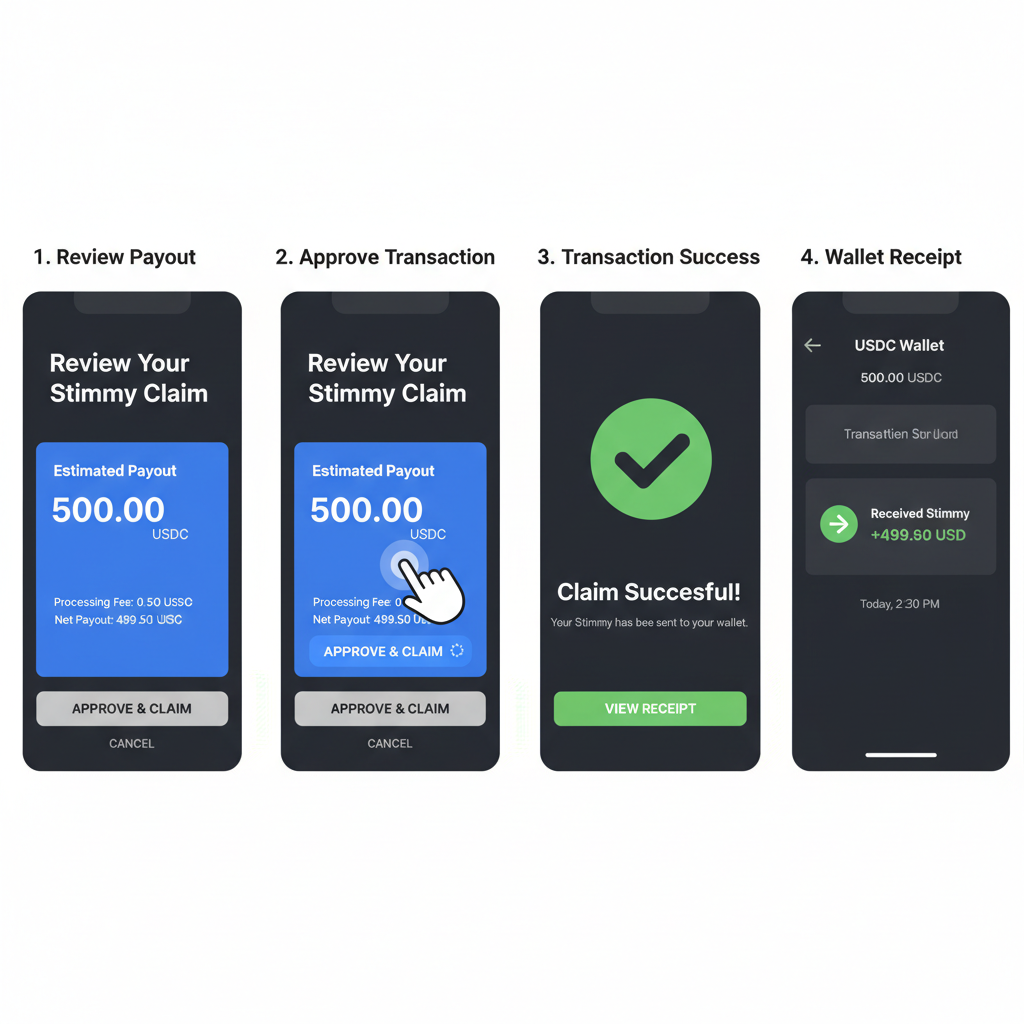 screenshot of Stimmy claim interface showing payout review, approve button, transaction success, and USDC wallet receipt