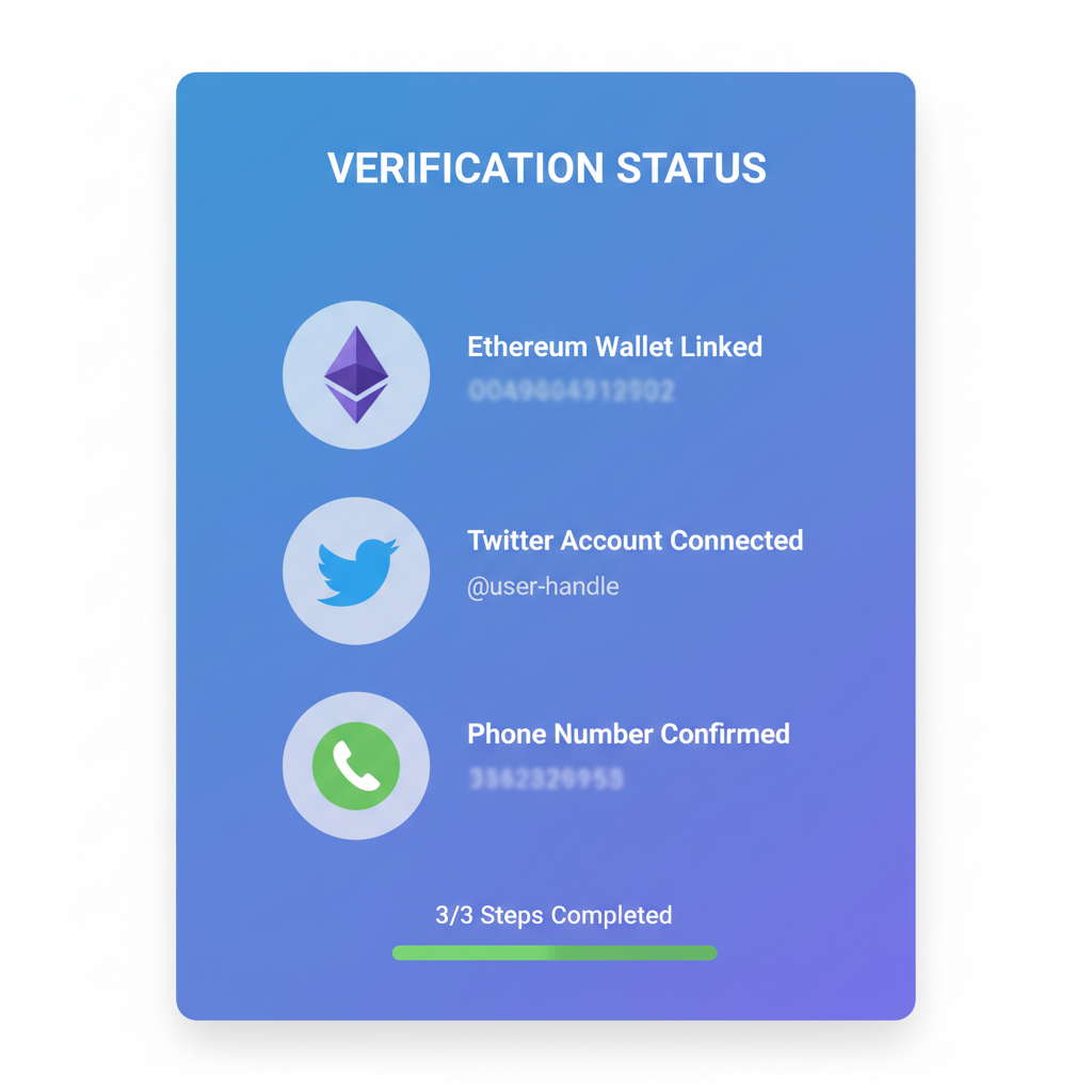 screenshot of Warpcast verification interface showing linked Ethereum wallet, Twitter account, and phone number with success checkmarks