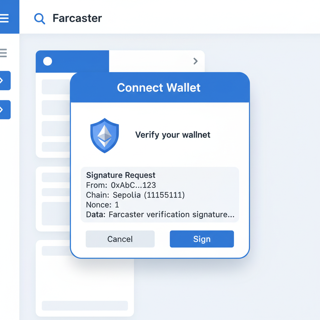 screenshot of Farcaster dashboard wallet connect modal with Ethereum/Sepolia wallet verification signature prompt