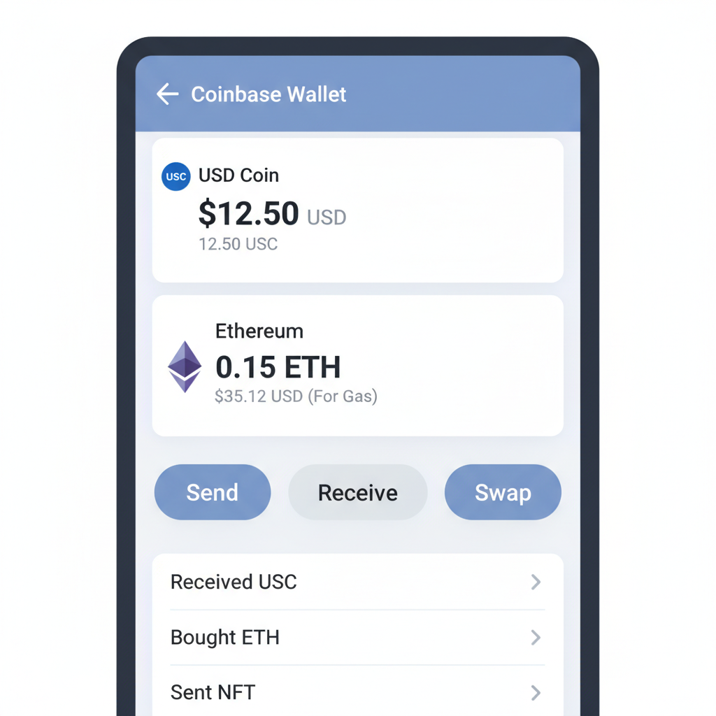 screenshot of Coinbase Wallet or MetaMask dashboard displaying funded $10+ USDC balance and ETH for gas
