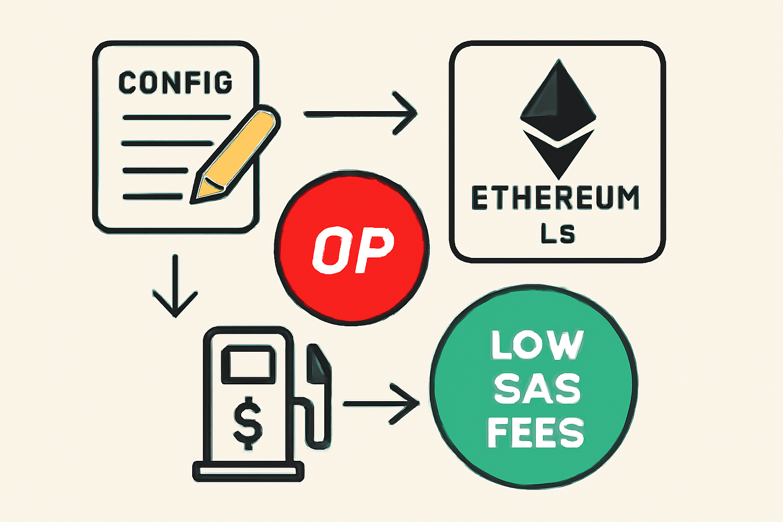 config file editing for Optimism L2, Ethereum L2 chain diagram with low gas fees highlighted