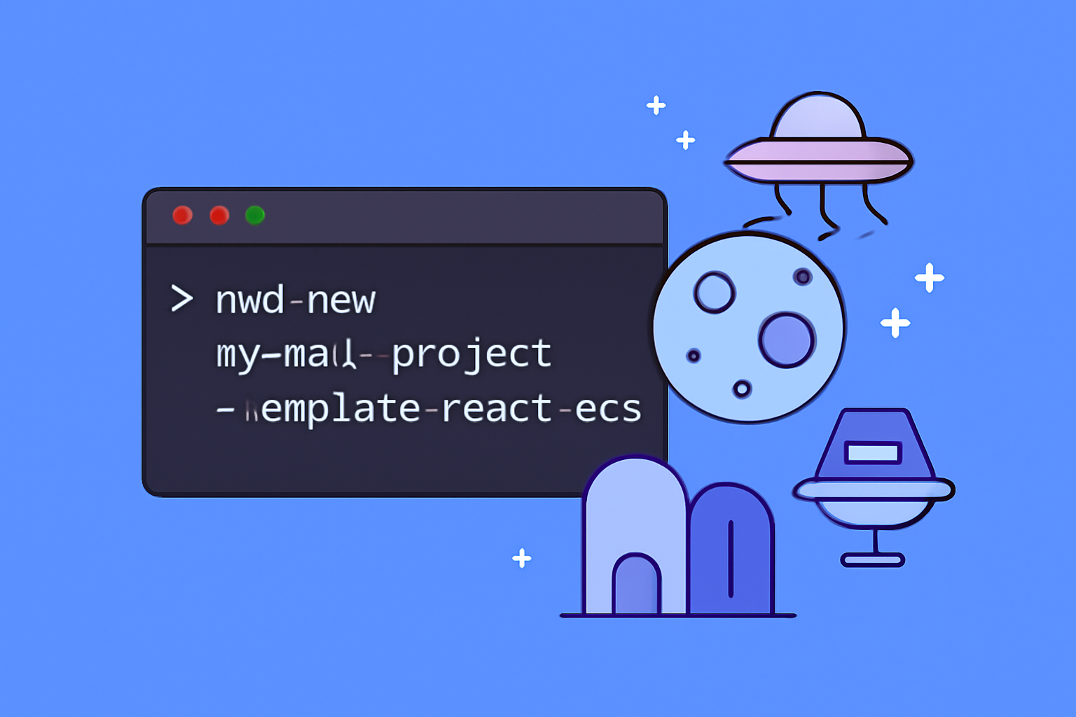 command line creating new MUD project with React-ECS template, futuristic game world icons spawning