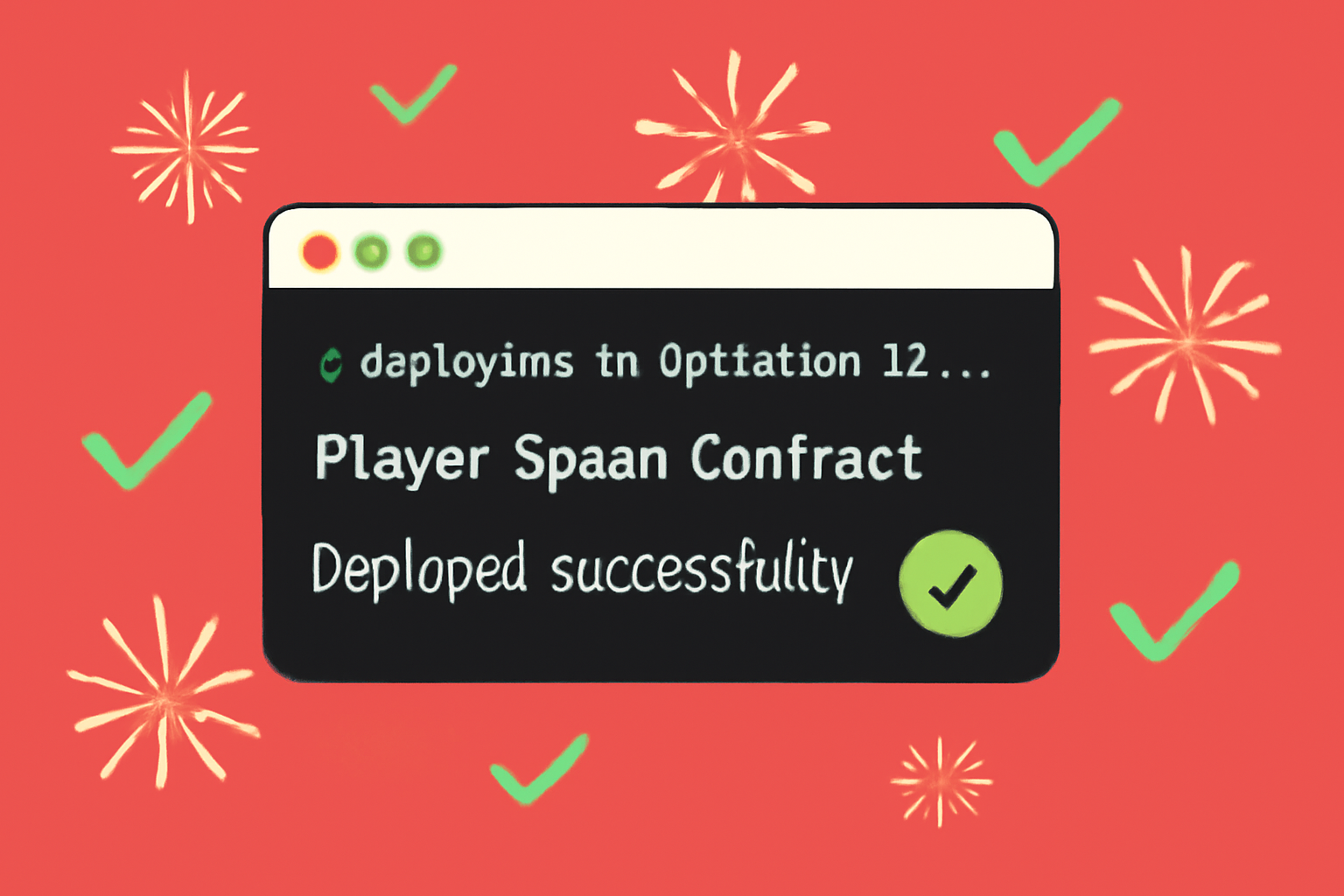 deployment terminal success screen to Optimism L2, player spawn contract deploying, green checkmarks fireworks