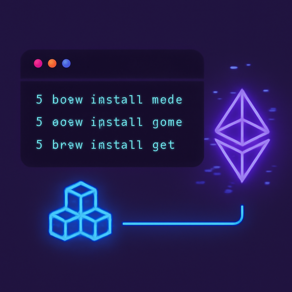 terminal window installing Node.js pnpm Git on macOS, cyberpunk Ethereum blockchain glow, clean UI