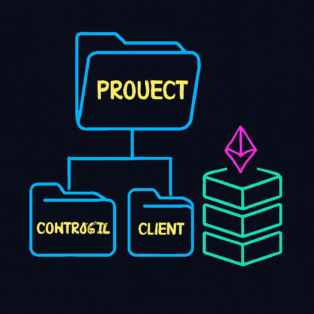 project folder structure with contracts and client directories, Ethereum blocks stacking, neon highlights