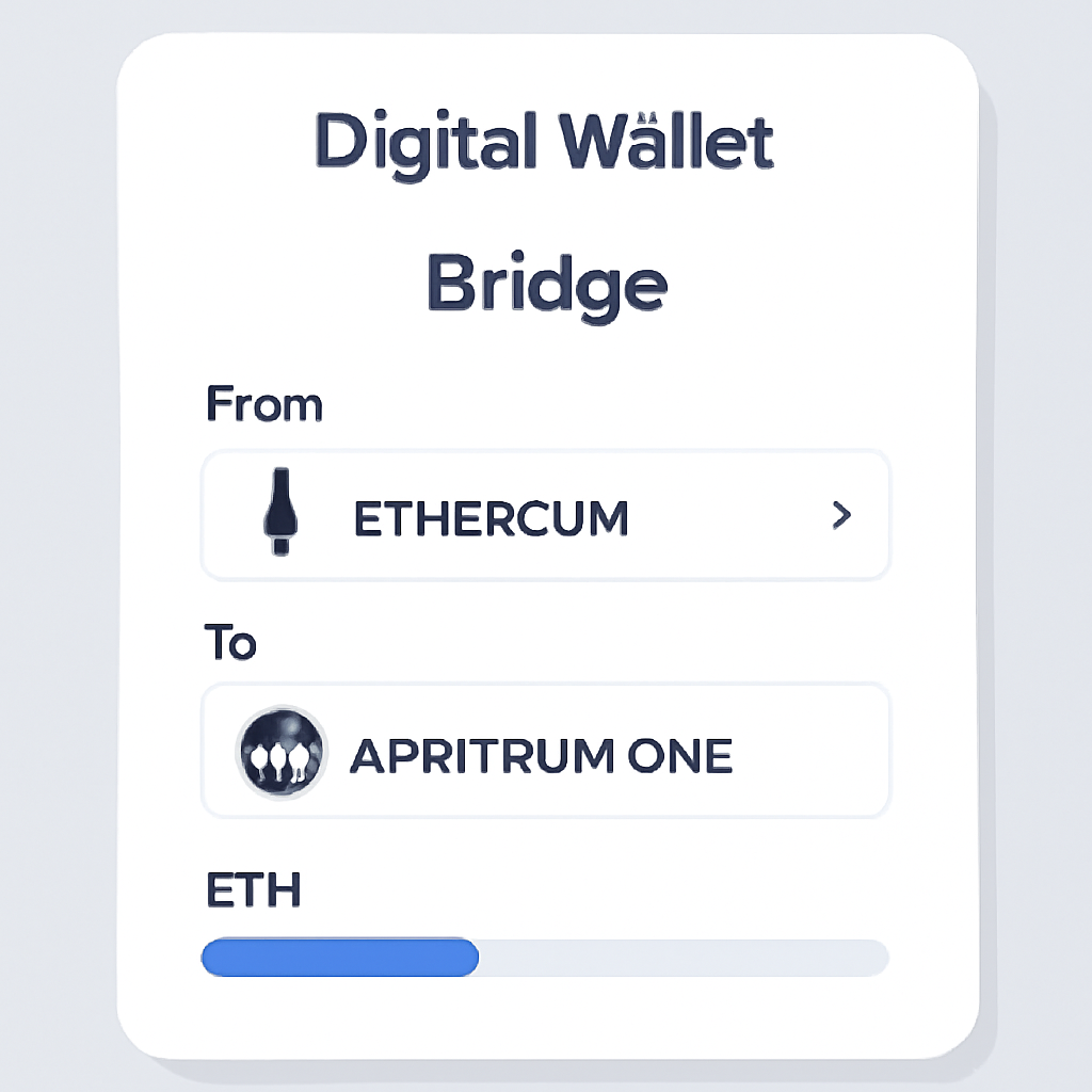 A digital wallet interface showing ETH being bridged from Ethereum mainnet to Arbitrum One, with network logos and a progress bar.