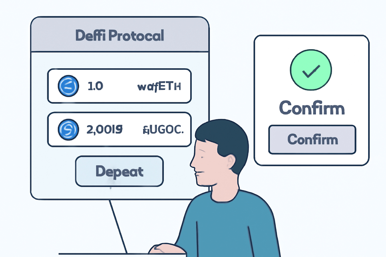 A user depositing wstETH and sUSDC into a DeFi protocol interface, with token icons and confirmation pop-up.
