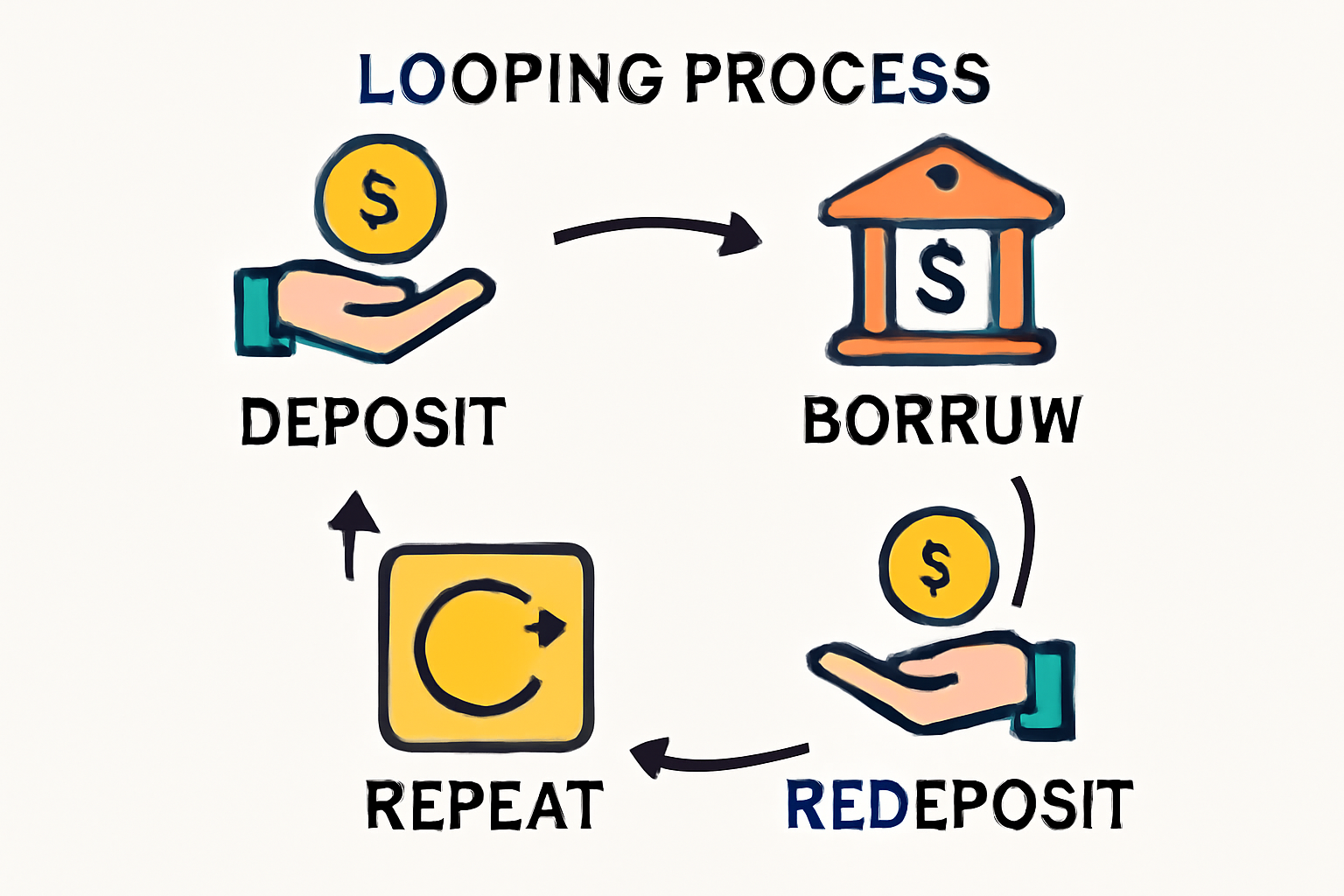 A flowchart illustrating the looping process: deposit, borrow, redeposit, repeat—highlighting the cycle.