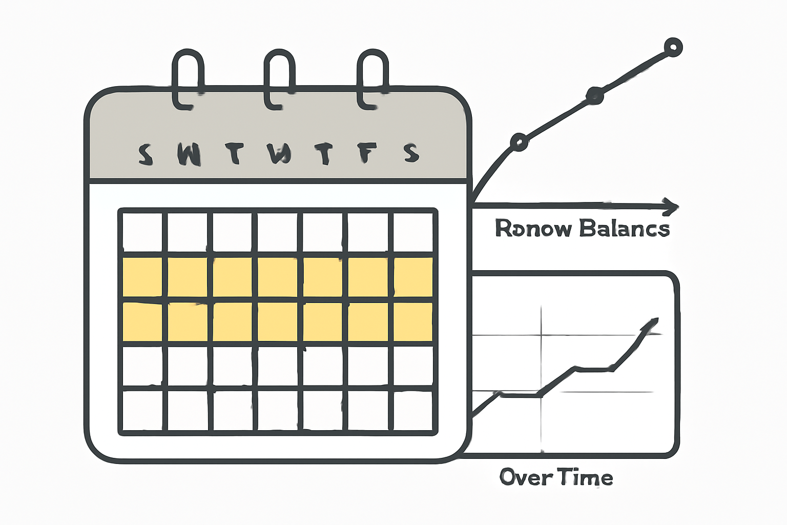 A calendar with highlighted two-week epochs, overlaid with a chart tracking borrow balances over time.