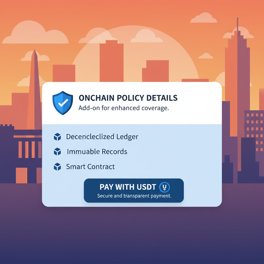 insurance add-on modal, onchain policy details, USDT payment, shield icon, Buenos Aires skyline background