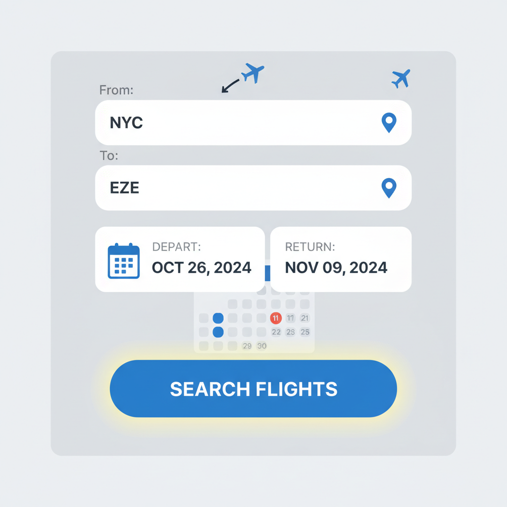 flight search form filled: from NYC to EZE, calendar dates, search button highlighted, airport icons