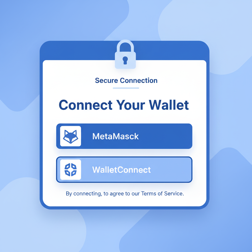 wallet connection interface on booking site, buttons for MetaMask and WalletConnect, secure lock icon, blue tones
