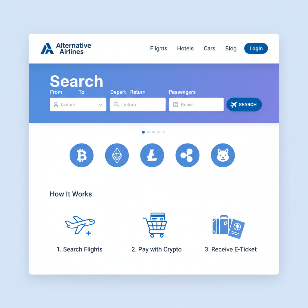 clean screenshot of Alternative Airlines homepage, flight search bar prominent, crypto payment icons visible, modern web design