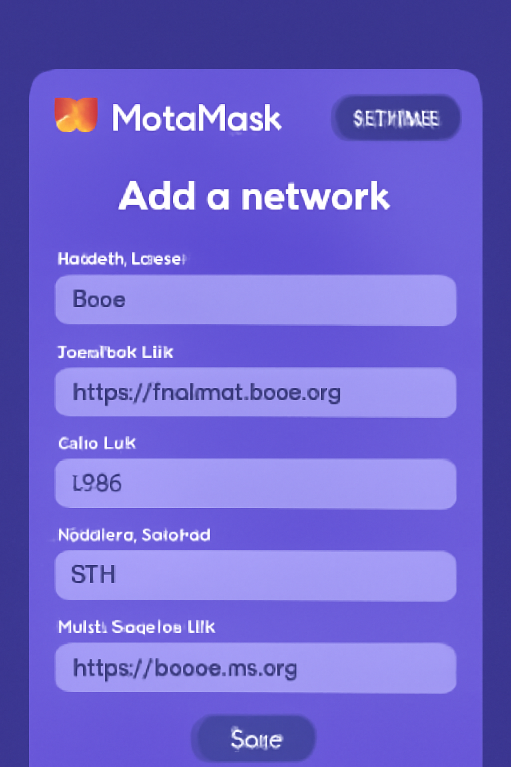 MetaMask settings screen showing network addition form filled with Base network details, stylized UI, digital art