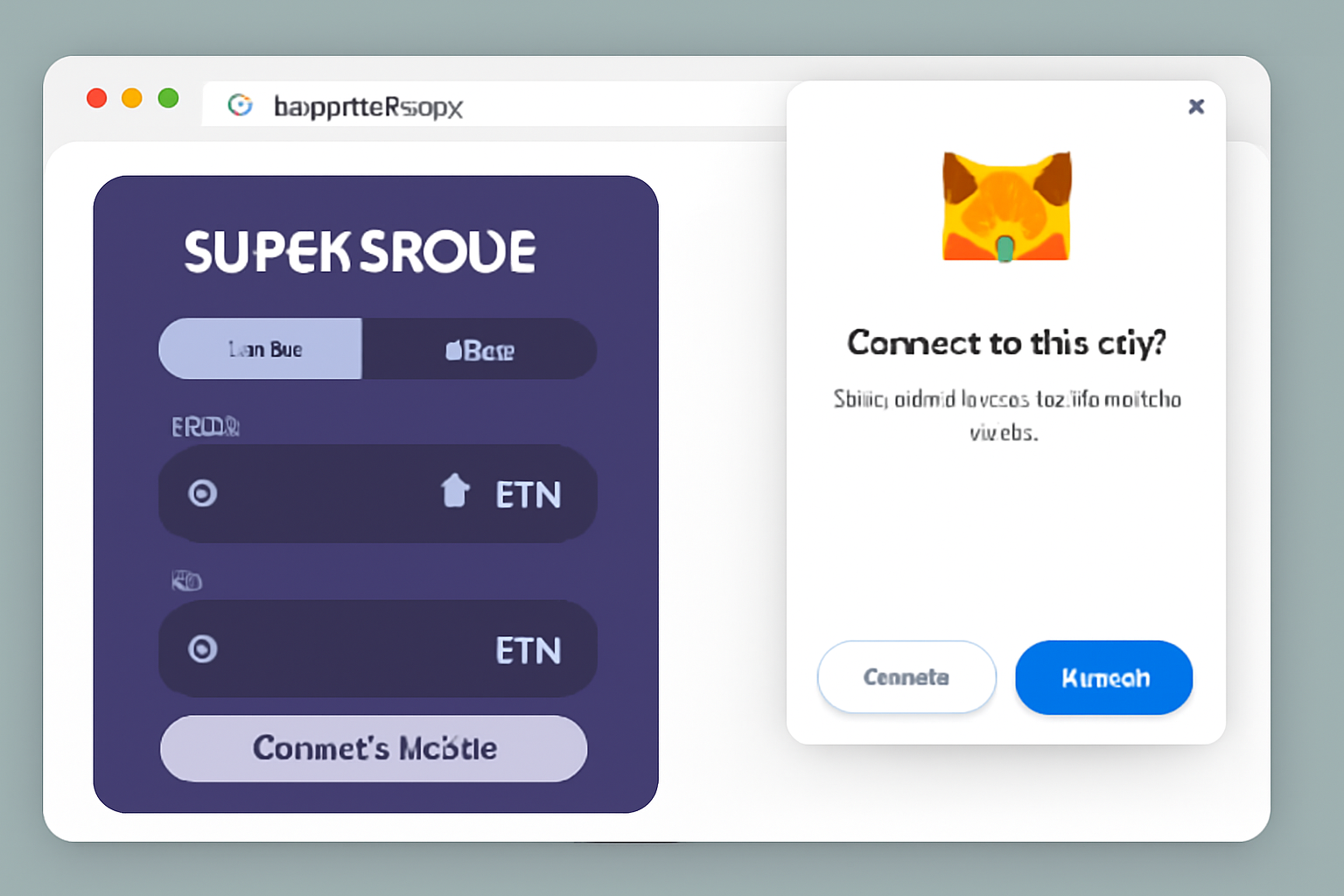 A web browser open to Superbridge app with a MetaMask pop-up asking for connection approval, digital art