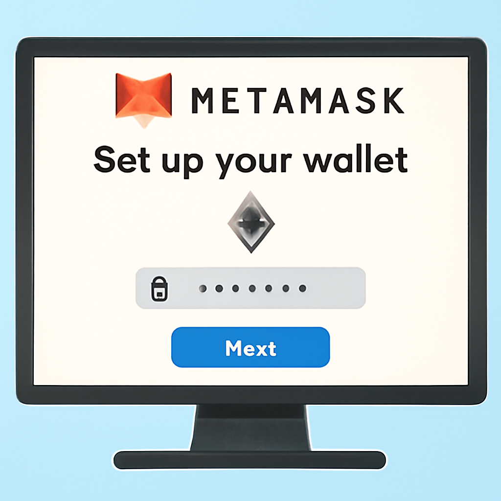 A computer screen displaying the MetaMask wallet setup interface with Ethereum logo and a secure password field, digital art
