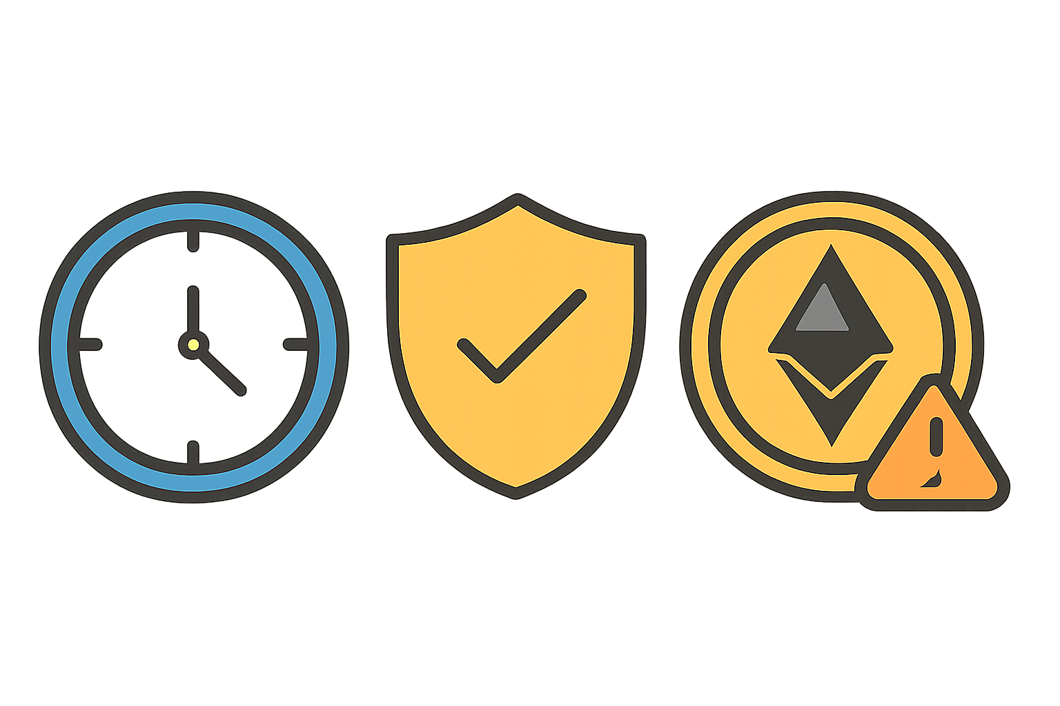 A digital clock, shield, and ETH coin icons with a warning sign, representing timing, security, and fees, digital art