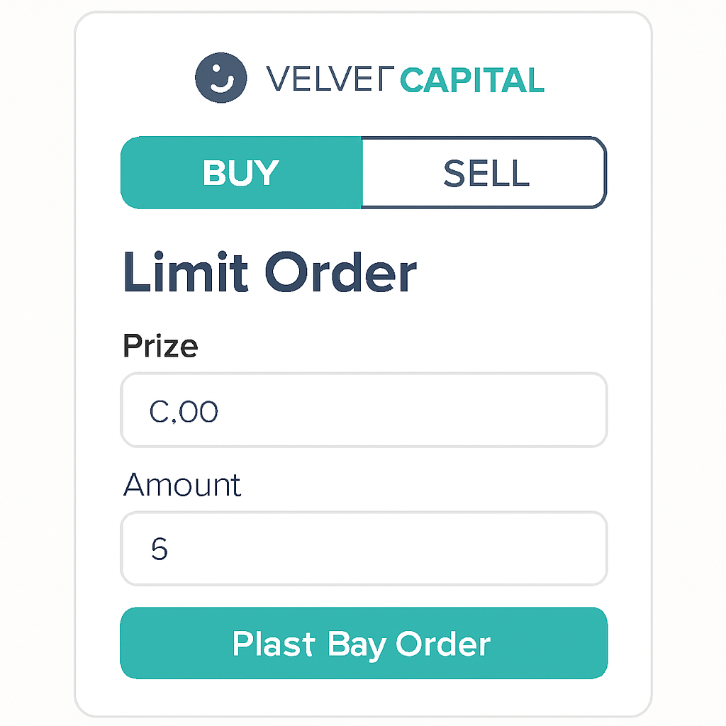 Velvet Capital limit order interface, buy/sell toggle buttons prominent, clean minimalist design